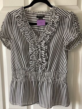 Sunny Taylor Black & White Striped Ruffle Peplum Top